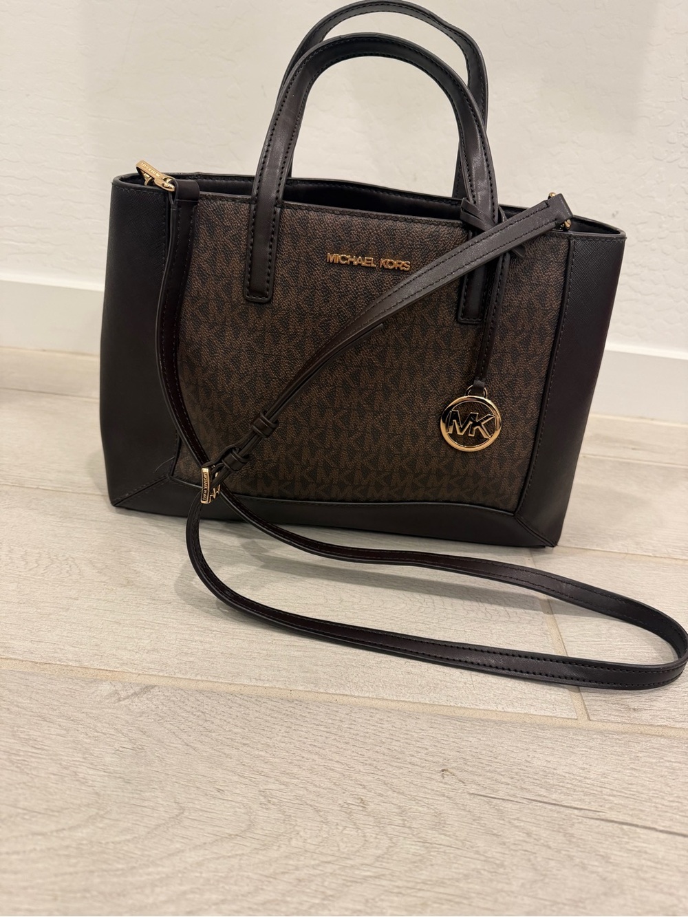 Michael Kors Brown and Dark Brown Signature Logo Satchel with Gold Hardware